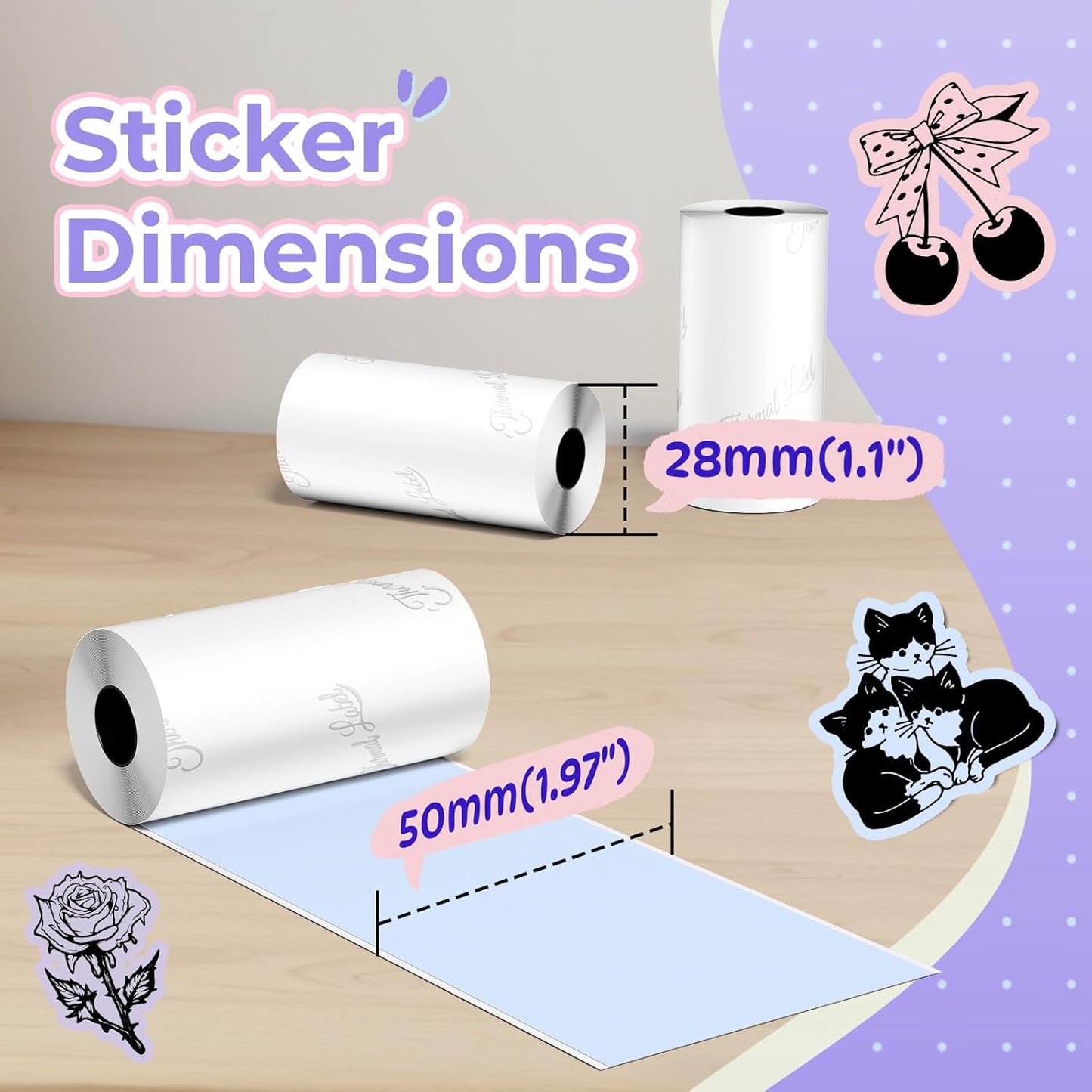 Multicolor Self-Adhesive Thermal Paper, Glossy Printable Sticker Paper Label for  M02/M02 Pro/M02S/P2S/M04S Mini Sticker Printer, 50Mm X 3.5M, Diameter 28Mm, 3-Rolls